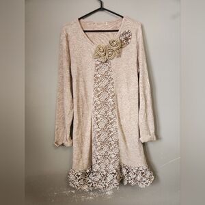Beige Long Sleeve Dress with Lace Detail